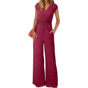 imageHappy Sailed Jumpsuits for Women Dressy Summer Short Sleeve V Neck Criss Cross Wide Leg Long Pants Romper OutfitsRed