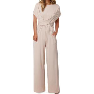 imageHappy Sailed Women Jumpsuits Dressy Short Sleeve Front Crisscross Tie Waist Belted Wide Leg Pant Romper with PocketsApricot