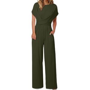 imageHappy Sailed Women Jumpsuits Dressy Short Sleeve Front Crisscross Tie Waist Belted Wide Leg Pant Romper with PocketsArmy Green