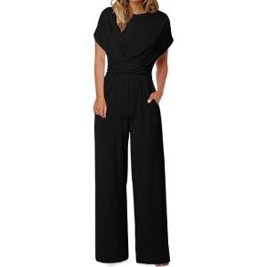 imageHappy Sailed Women Jumpsuits Dressy Short Sleeve Front Crisscross Tie Waist Belted Wide Leg Pant Romper with PocketsBlack
