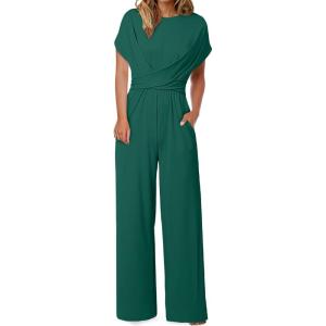 imageHappy Sailed Women Jumpsuits Dressy Short Sleeve Front Crisscross Tie Waist Belted Wide Leg Pant Romper with PocketsBlackish Green