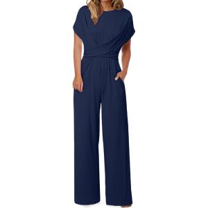 imageHappy Sailed Women Jumpsuits Dressy Short Sleeve Front Crisscross Tie Waist Belted Wide Leg Pant Romper with PocketsBlue