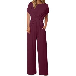 imageHappy Sailed Women Jumpsuits Dressy Short Sleeve Front Crisscross Tie Waist Belted Wide Leg Pant Romper with PocketsBurgundy
