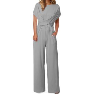 imageHappy Sailed Women Jumpsuits Dressy Short Sleeve Front Crisscross Tie Waist Belted Wide Leg Pant Romper with PocketsGray