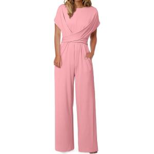 imageHappy Sailed Women Jumpsuits Dressy Short Sleeve Front Crisscross Tie Waist Belted Wide Leg Pant Romper with PocketsPink
