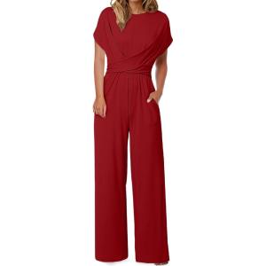 imageHappy Sailed Women Jumpsuits Dressy Short Sleeve Front Crisscross Tie Waist Belted Wide Leg Pant Romper with PocketsRed