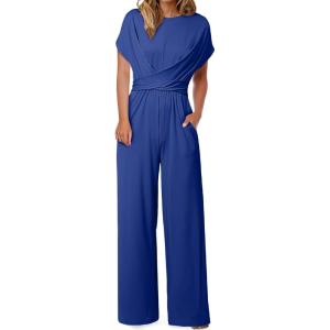 imageHappy Sailed Women Jumpsuits Dressy Short Sleeve Front Crisscross Tie Waist Belted Wide Leg Pant Romper with PocketsRoyal Blue