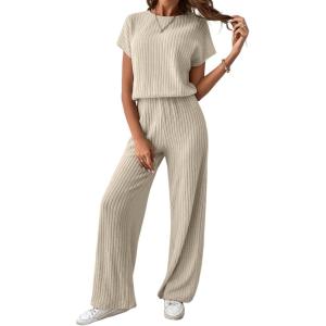 imageHappy Sailed Womens Casual Loose Solid Ribbed Crewneck Short Sleeve Long Romper Stretchy Wide Leg JumpsuitsApricot