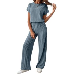 imageHappy Sailed Womens Casual Loose Solid Ribbed Crewneck Short Sleeve Long Romper Stretchy Wide Leg JumpsuitsBlue