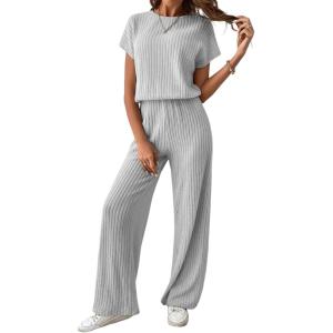 imageHappy Sailed Womens Casual Loose Solid Ribbed Crewneck Short Sleeve Long Romper Stretchy Wide Leg JumpsuitsGrey