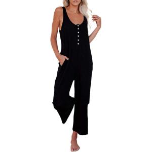 imageHappy Sailed Womens Casual Sleeveless Front Button Loose Jumpsuits Stretchy Knit Jumpers Long Pants Romper with PocketsB Black