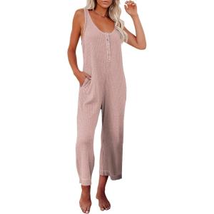 imageHappy Sailed Womens Casual Sleeveless Front Button Loose Jumpsuits Stretchy Knit Jumpers Long Pants Romper with PocketsB Pink 1