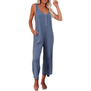 imageHappy Sailed Womens Casual Sleeveless Front Button Loose Jumpsuits Stretchy Knit Jumpers Long Pants Romper with PocketsB Sky Blue