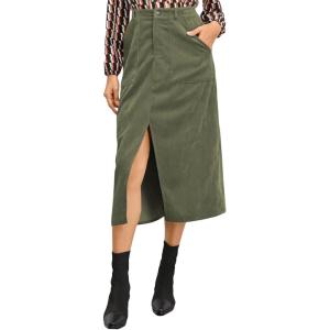 imageHappy Sailed Womens Corduroy Skirts Casual Dressy High Waist A Line Split Midi Skirt with PocketsGreen