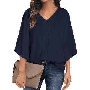 imageHappy Sailed Womens Dressy Casual Blouses Spring Summer 34 Sleeve V Neck Paisley Print Tops Ladies Business Work ShirtsNavy Blue