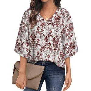 imageHappy Sailed Womens Dressy Casual Blouses Spring Summer 34 Sleeve V Neck Paisley Print Tops Ladies Business Work ShirtsRed