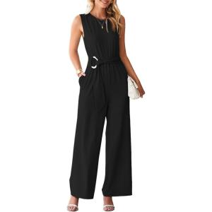 imageHappy Sailed Womens Jumpsuits Dressy Summer Sleeveless High Waist Belt Wide Leg Pants Romper Jumpsuit with PocketsBlack