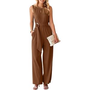 imageHappy Sailed Womens Jumpsuits Dressy Summer Sleeveless High Waist Belt Wide Leg Pants Romper Jumpsuit with PocketsBrown