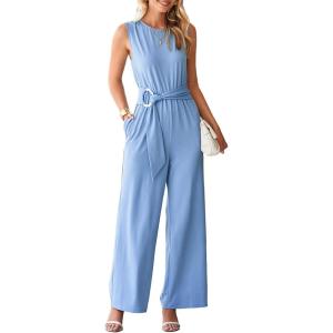 imageHappy Sailed Womens Jumpsuits Dressy Summer Sleeveless High Waist Belt Wide Leg Pants Romper Jumpsuit with PocketsLight Blue