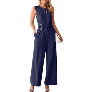 imageHappy Sailed Womens Jumpsuits Dressy Summer Sleeveless High Waist Belt Wide Leg Pants Romper Jumpsuit with PocketsNavy Blue