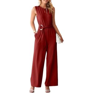 imageHappy Sailed Womens Jumpsuits Dressy Summer Sleeveless High Waist Belt Wide Leg Pants Romper Jumpsuit with PocketsRed