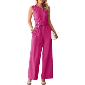 imageHappy Sailed Womens Jumpsuits Dressy Summer Sleeveless High Waist Belt Wide Leg Pants Romper Jumpsuit with PocketsRose Red