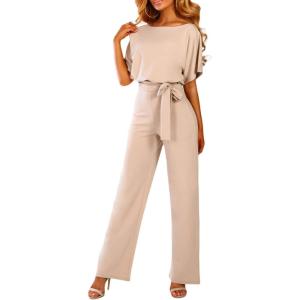 imageHappy Sailed Womens Loose Short Sleeve Belted Wide Leg Pant Romper Jumpsuit Business Casual One Piece OutfitsA Apricot
