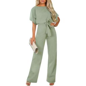imageHappy Sailed Womens Loose Short Sleeve Belted Wide Leg Pant Romper Jumpsuit Business Casual One Piece OutfitsA Green 1