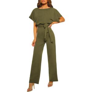 imageHappy Sailed Womens Loose Short Sleeve Belted Wide Leg Pant Romper Jumpsuit Business Casual One Piece OutfitsA Green
