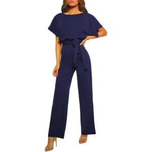 imageHappy Sailed Womens Loose Short Sleeve Belted Wide Leg Pant Romper Jumpsuit Business Casual One Piece OutfitsA Navy Blue