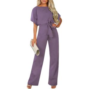 imageHappy Sailed Womens Loose Short Sleeve Belted Wide Leg Pant Romper Jumpsuit Business Casual One Piece OutfitsA Purple