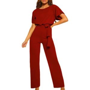imageHappy Sailed Womens Loose Short Sleeve Belted Wide Leg Pant Romper Jumpsuit Business Casual One Piece OutfitsA Red