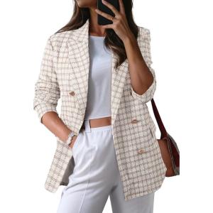 imageHappy Sailed Womens Plaid Tweed Blazers Dressy Casual Long Sleeve Double Breasted Open Front Blazer Jackets Work SuitsBeige