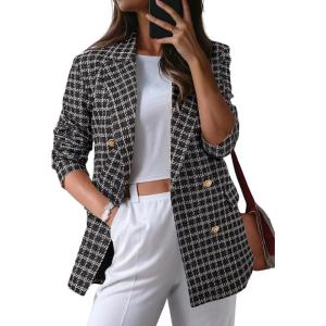 imageHappy Sailed Womens Plaid Tweed Blazers Dressy Casual Long Sleeve Double Breasted Open Front Blazer Jackets Work SuitsBlack