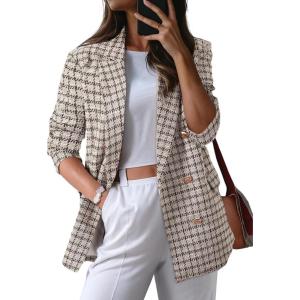 imageHappy Sailed Womens Plaid Tweed Blazers Dressy Casual Long Sleeve Double Breasted Open Front Blazer Jackets Work SuitsBrown