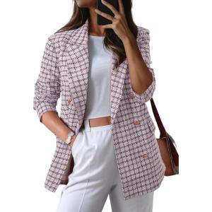 imageHappy Sailed Womens Plaid Tweed Blazers Dressy Casual Long Sleeve Double Breasted Open Front Blazer Jackets Work SuitsBurgundy