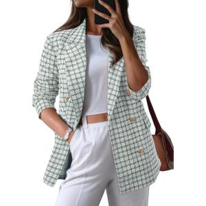 imageHappy Sailed Womens Plaid Tweed Blazers Dressy Casual Long Sleeve Double Breasted Open Front Blazer Jackets Work SuitsGreen