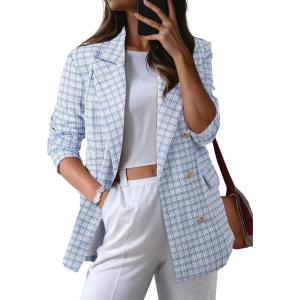 imageHappy Sailed Womens Plaid Tweed Blazers Dressy Casual Long Sleeve Double Breasted Open Front Blazer Jackets Work SuitsLight Blue