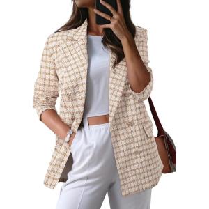 imageHappy Sailed Womens Plaid Tweed Blazers Dressy Casual Long Sleeve Double Breasted Open Front Blazer Jackets Work SuitsMustard
