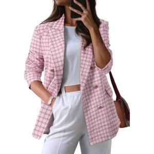 imageHappy Sailed Womens Plaid Tweed Blazers Dressy Casual Long Sleeve Double Breasted Open Front Blazer Jackets Work SuitsPink