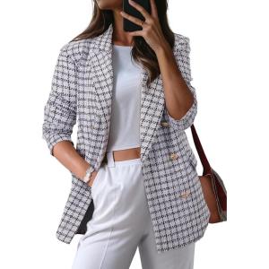 imageHappy Sailed Womens Plaid Tweed Blazers Dressy Casual Long Sleeve Double Breasted Open Front Blazer Jackets Work SuitsWhite