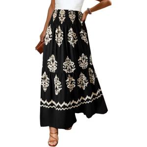 imageHappy Sailed Womens Retro Print Boho Maxi Skirt Elastic High Waist ALine Pleated Flowy Long Skirts Beach Vacation OutfitsBlack