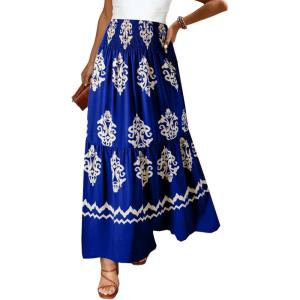 imageHappy Sailed Womens Retro Print Boho Maxi Skirt Elastic High Waist ALine Pleated Flowy Long Skirts Beach Vacation OutfitsBlue