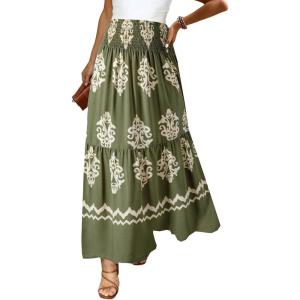 imageHappy Sailed Womens Retro Print Boho Maxi Skirt Elastic High Waist ALine Pleated Flowy Long Skirts Beach Vacation OutfitsGreen