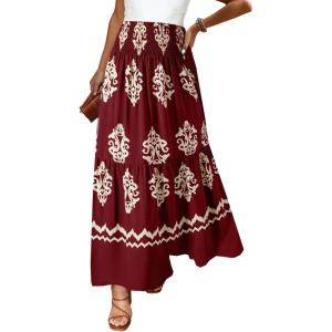 imageHappy Sailed Womens Retro Print Boho Maxi Skirt Elastic High Waist ALine Pleated Flowy Long Skirts Beach Vacation OutfitsRed