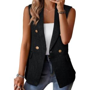 imageHappy Sailed Womens Sleeveless Vest Tops 2025 Trendy Double Breasted Tweed Blazer Business Work Suits with PocketsBlack