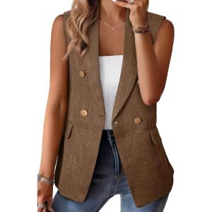 imageHappy Sailed Womens Sleeveless Vest Tops 2025 Trendy Double Breasted Tweed Blazer Business Work Suits with PocketsBrown