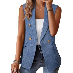 imageHappy Sailed Womens Sleeveless Vest Tops 2025 Trendy Double Breasted Tweed Blazer Business Work Suits with PocketsDusk Blue