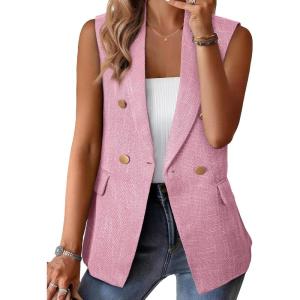 imageHappy Sailed Womens Sleeveless Vest Tops 2025 Trendy Double Breasted Tweed Blazer Business Work Suits with PocketsPink