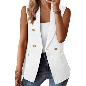 imageHappy Sailed Womens Sleeveless Vest Tops 2025 Trendy Double Breasted Tweed Blazer Business Work Suits with PocketsWhite